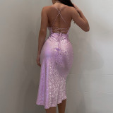 New sexy lace dress satin print texture suspender dress women