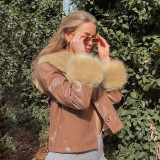 New women's fashion long-sleeved fur collar single-breasted slim-fit warm leather jacket women