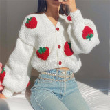 Women's Fashion Design Single-breasted V-neck Knit Cardigan Strawberry Long Sleeve Sweater