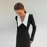 New women's fashion long-sleeved V-neck slim solid color split temperament dress for women