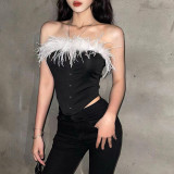 New Women's Fashion Trend Fur Collar Tube Top One Shoulder Single Breasted Slim Vest