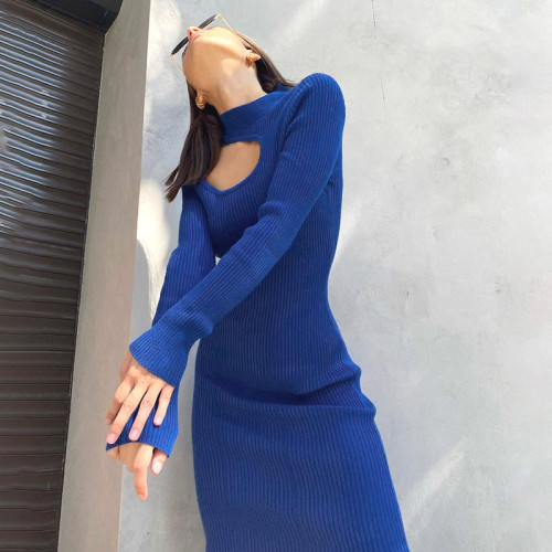 Women's autumn new style commuter high-neck hollow woolen high-waist dress