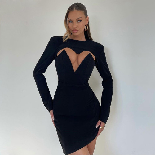 New women's fashion round neck long sleeve sexy hollow slim fit hip dress