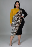 Fat woman plus size women's dress, leopard print, color matching, fat woman dress, three colors
