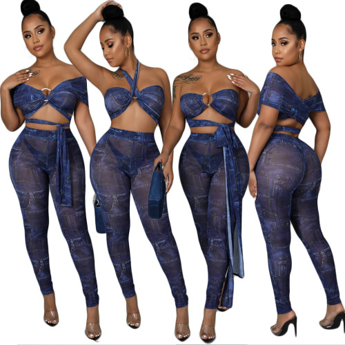 Hot sale lace-up mesh printing sexy fashion two-piece women's suit