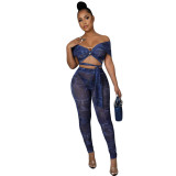Hot sale lace-up mesh printing sexy fashion two-piece women's suit
