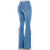 Women's jeans mid-waist lace-up denim trousers stretch jeans