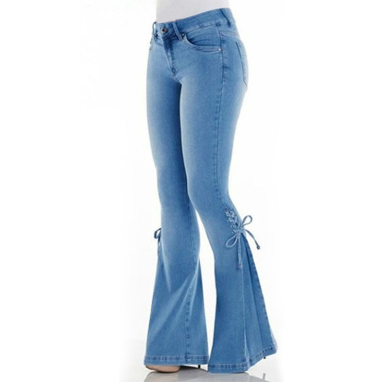 Women's jeans mid-waist lace-up denim trousers stretch jeans