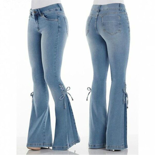 Women's jeans mid-waist lace-up denim trousers stretch jeans