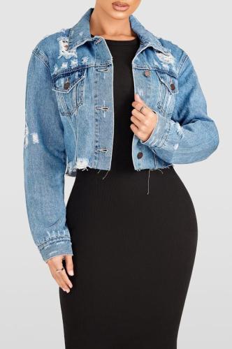 New casual women's denim jacket with ripped holes short slim fit