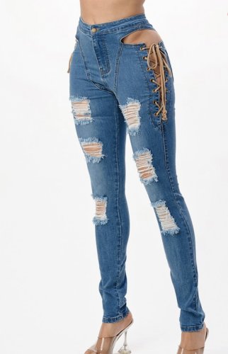 Women's new style stretch jeans with side straps and exposed waist