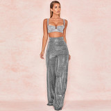 Silver shiny wide-leg pants women new loose high-waist catwalk catwalk trousers women