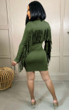 New autumn and winter long-sleeved solid color tassel tight-fitting hip nightclub dress