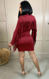 New autumn and winter long-sleeved solid color tassel tight-fitting hip nightclub dress