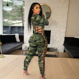 New long-sleeved sexy low-cut tethered large size tight-fitting printed jumpsuit women