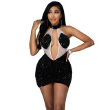 New sexy nightclub party halter see-through sequin bag hip skirt women