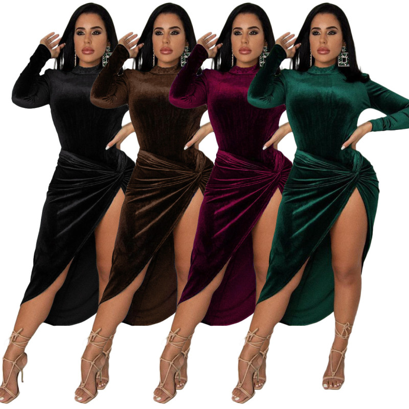 Nightclub wear two-piece velvet turtleneck jacket and knotted skirt