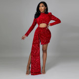 Sequined long-sleeved nightclub sexy padded shoulder dress