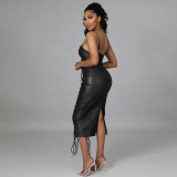 Women's new hot style PU sexy sling leather skirt, eyelet punching and stringing tight dress for women