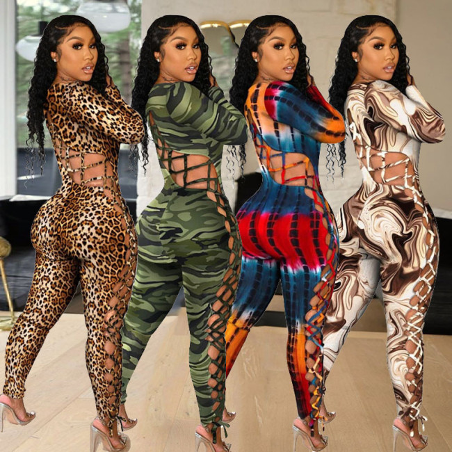 New long-sleeved sexy low-cut tethered large size tight-fitting printed jumpsuit women