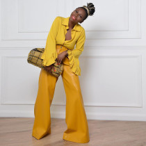 Explosive style imitation leather fashion loose wide-leg trousers women
