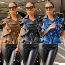 New Fashion Lapel Sleeveless Tunic Pull-up Ruffle Faux Leather Jacket New Fashion Lapel Sleeveless Tunic Pull-up Ruffle Faux Leather Jacket