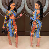 Sexy nightclub skirt women's long-sleeved printed cross-belt hollow open back dress