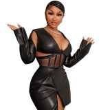 New women's fashion sexy mesh low-cut fishbone corset bag hip imitation leather dress