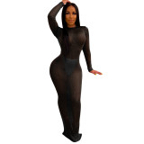 Bright color sexy hollow open back long sleeve nightclub dress women's clothing
