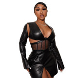 New women's fashion sexy mesh low-cut fishbone corset bag hip imitation leather dress