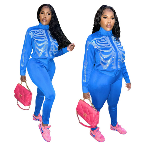 Fashion casual all-match hot diamond skull suit jacket + pants two-piece suit