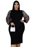 Women's clothing new sexy solid color sequined puff sleeve fat lady dress fat lady dress