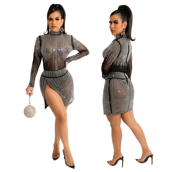Fashion sexy perspective split dress short skirt without panties