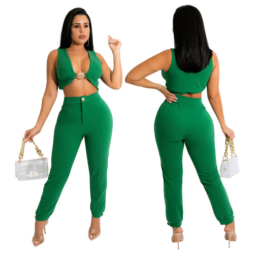 Fashion casual sleeveless short top women with slim pencil pants solid color two-piece suit
