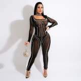 Fashion sexy casual one word collar hot rhinestone perspective skinny jumpsuit plastic
