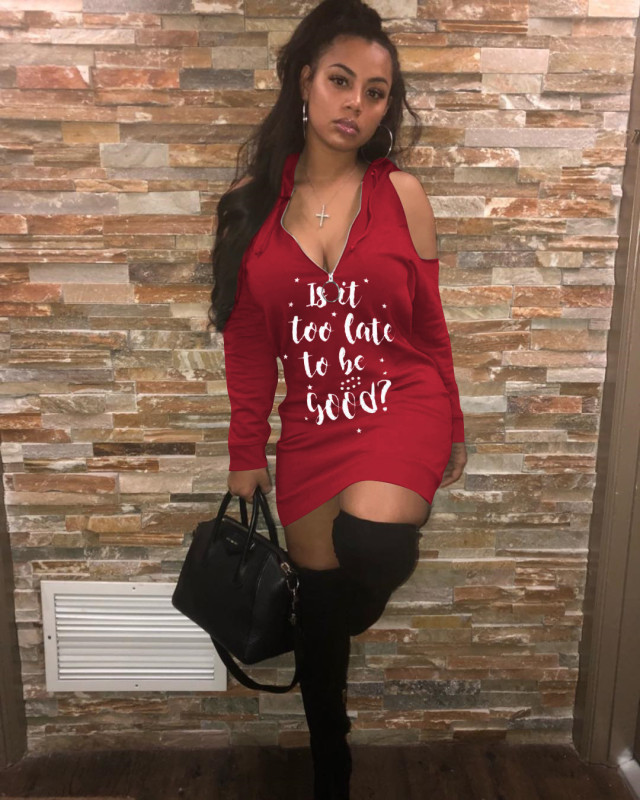 Sexy women's off-shoulder hooded letter print dress