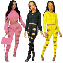 Fashion casual all-match simple solid color hollow hole suit hooded new