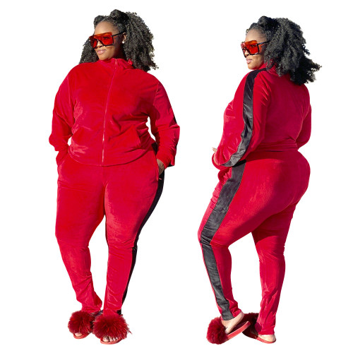 Fashion sports style solid color two-piece suit women's plus size women's loose long-sleeved jacket with pencil pants