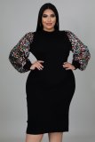 Women's clothing new sexy solid color sequined puff sleeve fat lady dress fat lady dress