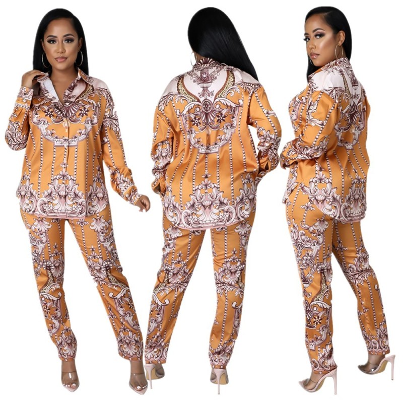 Women's autumn and winter new style printed shirt pants with zipper two-piece suit