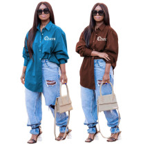 Blue lapel long-sleeved temperament commuter single-breasted cardigan plus size blouse Blue lapel long-sleeved temperament commuter single-breasted cardigan plus size blouse