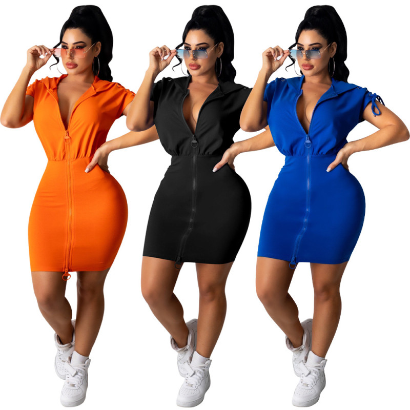 Summer fashion new casual solid color bandage hooded dress