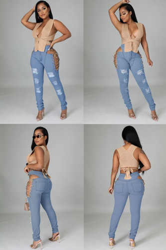 New style eyelet straps elastic wear sexy denim trousers