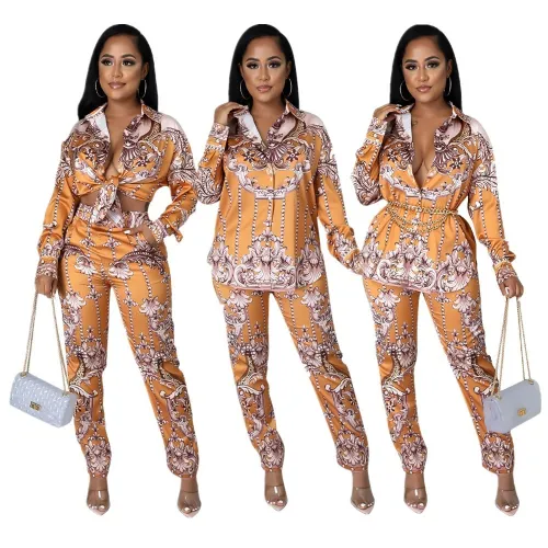 Women's autumn and winter new style printed shirt pants with zipper two-piece suit