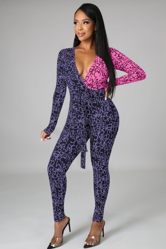 New letter print V-neck belt jumpsuit