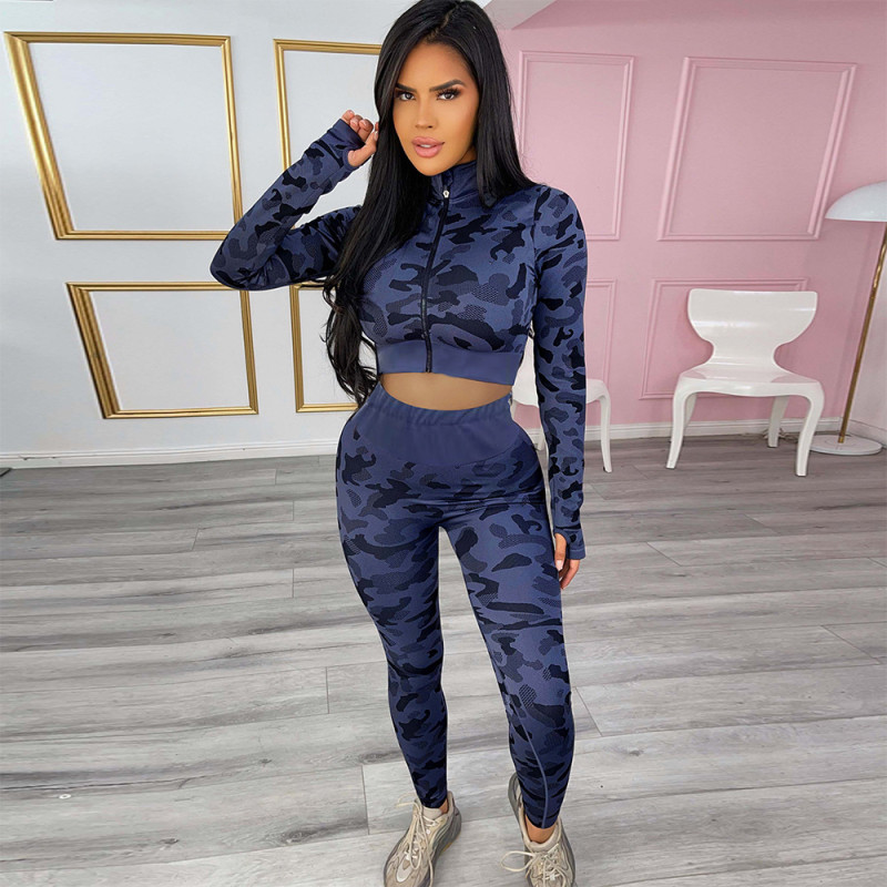 Women's new finger cots printed camouflage stitching two-piece suit