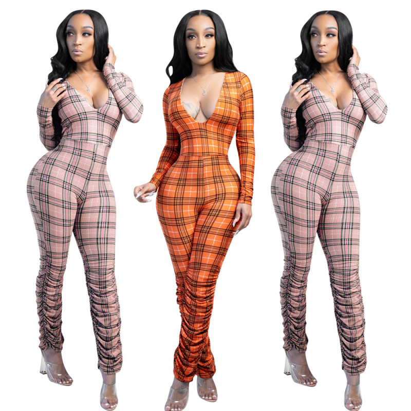 New V-neck plaid invisible zipper wrinkle jumpsuit