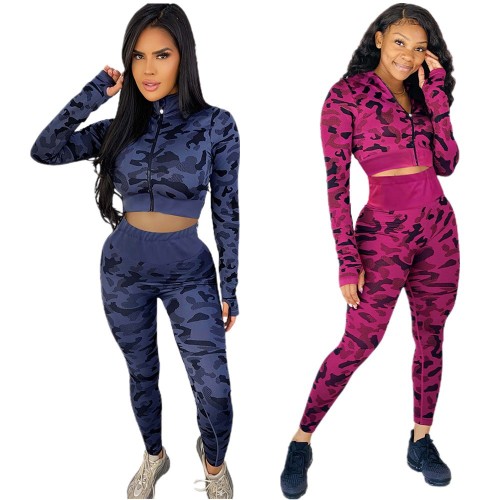 Women's new finger cots printed camouflage stitching two-piece suit