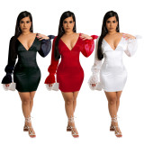 Explosive sexy women's solid color thin-sleeved sexy mid-length dress