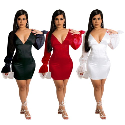 Explosive sexy women's solid color thin-sleeved sexy mid-length dress